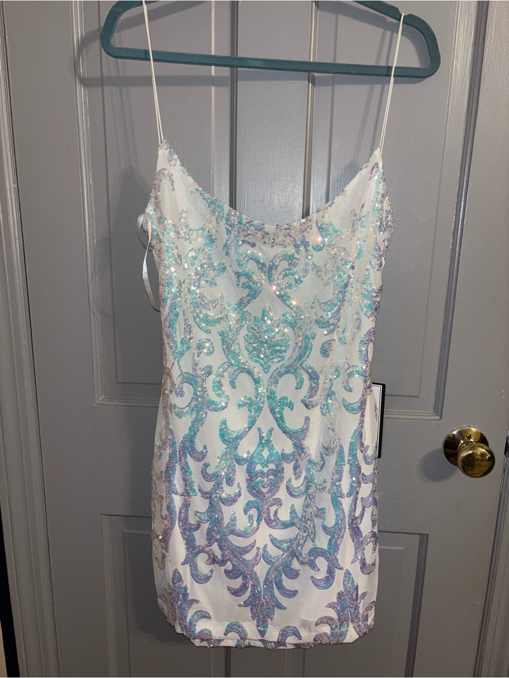 B Darlin White Sequin Slip Dress with Iridescent Aqua & Lavender Embroidery